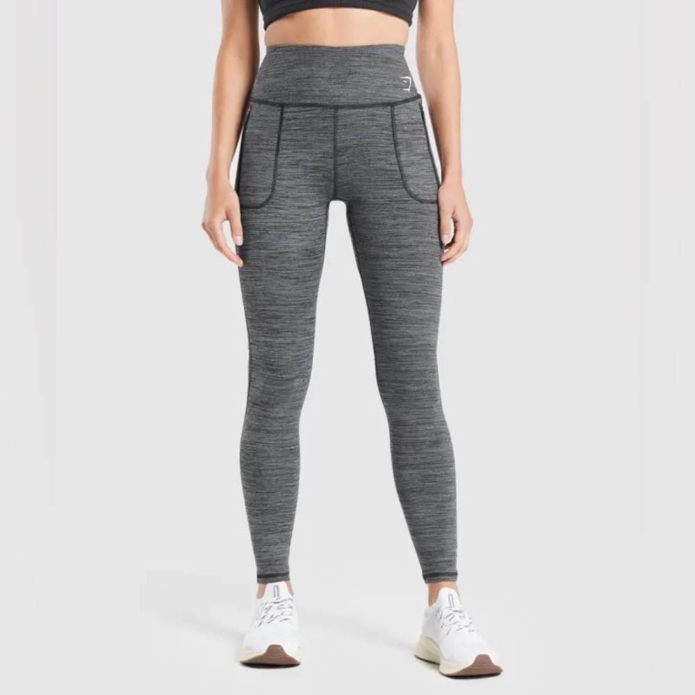 GYMSHARK Fleece Lined Pocket Leggings Black Pitch Grey Small